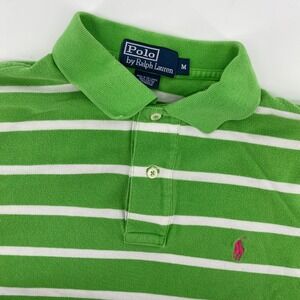 Polo Ralph Lauren Mens Medium Green White Striped Short Sleeve Polo Shirt